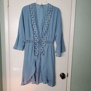 Love Tree Chrocet Lace Coquette Bell Sleeve Kimono Wrap Babydoll Blue Sz M